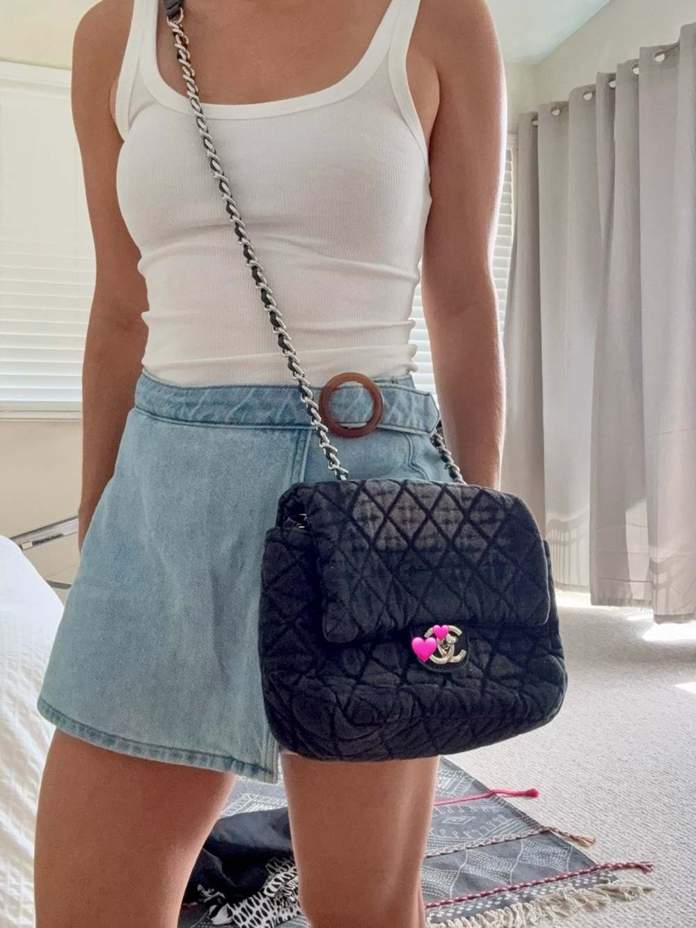 Designer Black Denim Quilted Matelassé CC BShoulder Bag with Chain Strap